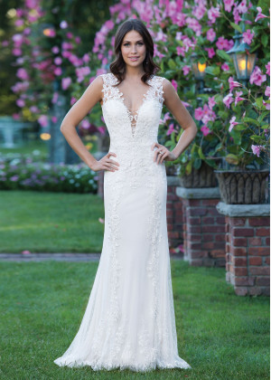 Plunging V Neck Ivory Lace Tulle Sheer Back Wedding Dress